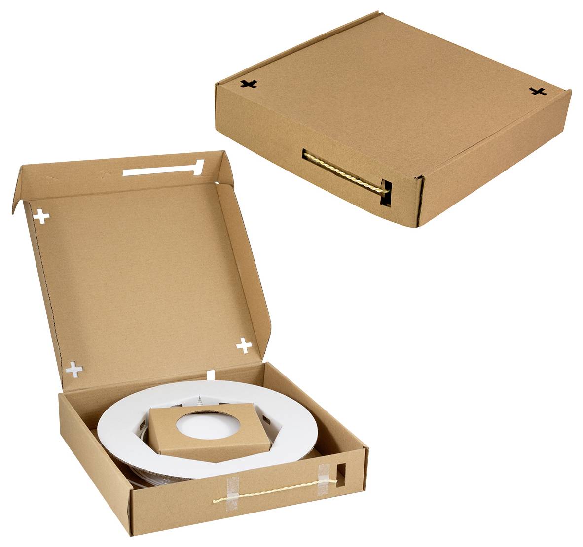 Eine braune Pappschachtel, geöffnet mit Verpackungsmaterialien und einer weißen kreisförmigen Einlage, und geschlossen mit schwarzen Kreuzmarkierungen auf dem Deckel.