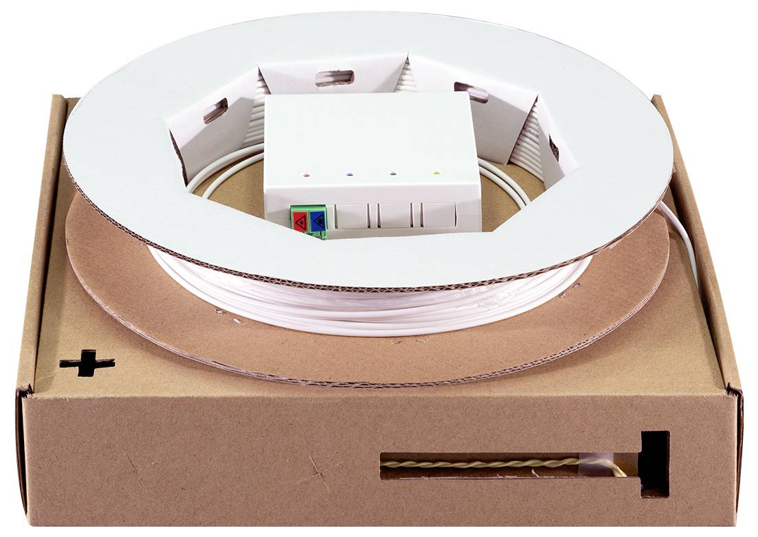 Karton mit gewickeltem Filament für 3D-Druck, mit einem weißen Mittelteil versehen, in einer Pappschachtel mit Schlitzen untergebracht.