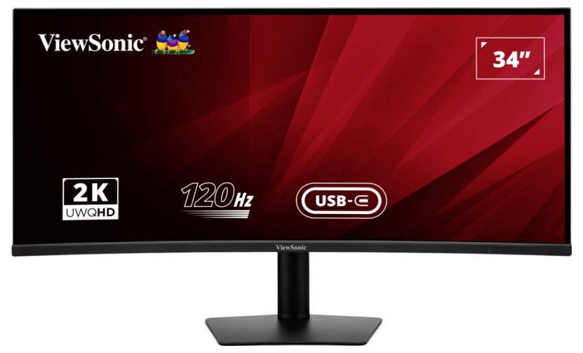 Ein ViewSonic Ultrawide-Monitor mit folgenden Merkmalen: 34-Zoll-Bildschirm, 2K UWQHD-Auflösung, 120 Hz Bildwiederholrate, USB-C-Konnektivität.