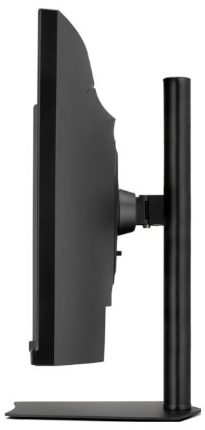 Seitenansicht eines dünnen Computermonitors, der auf einem vertikalen Ständer montiert ist und sein schlankes schwarzes Design mit minimalem Rahmen zeigt.