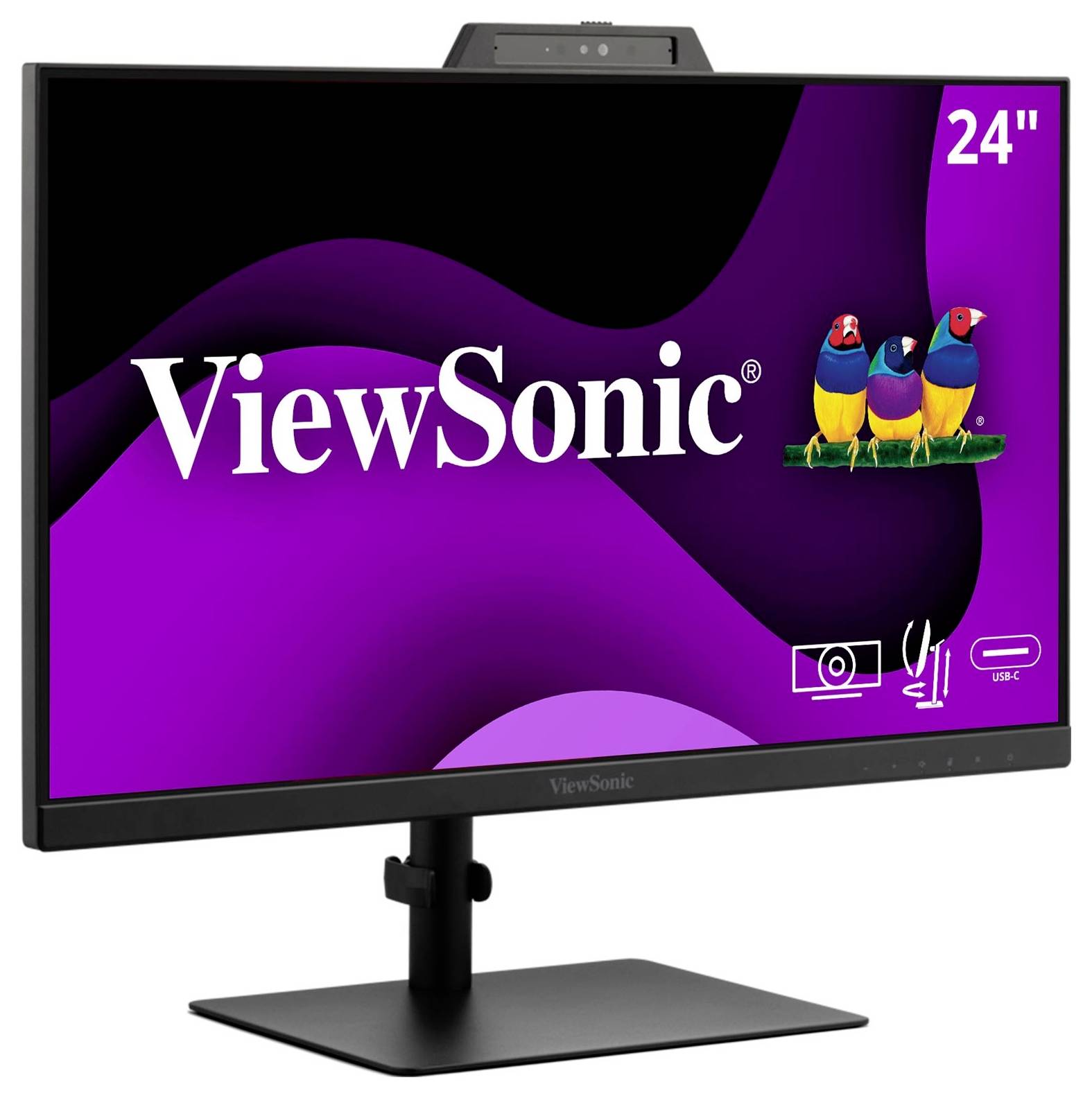 Ein ViewSonic 24-Zoll-Monitor, der das Logo der Marke und farbenfrohe Vögel auf einem violetten Hintergrund zeigt, mit Symbolen für eingebaute Webcam, Mikrofon und USB-C-Konnektivität.