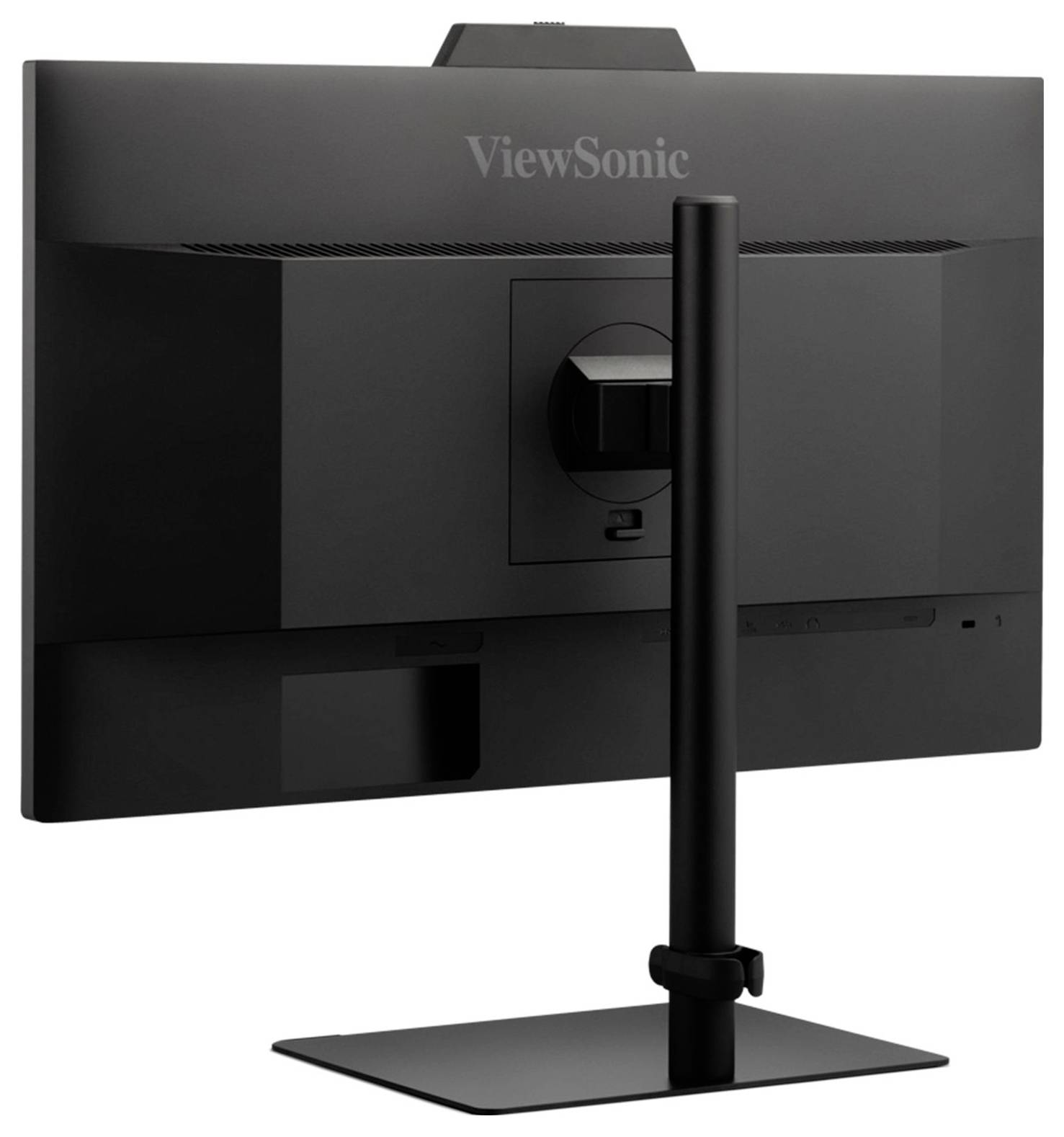 Ein schwarzer ViewSonic-Computermonitor wird von hinten betrachtet, wobei sein verstellbarer Ständer und sein schlankes Design sichtbar sind.