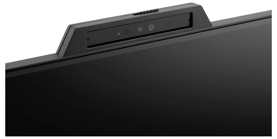 Eine Nahaufnahme eines Laptop-Bildschirms mit einer integrierten, ausfahrbaren Webcam in der Mitte oben, die das kompakte Design der Webcam hervorhebt.