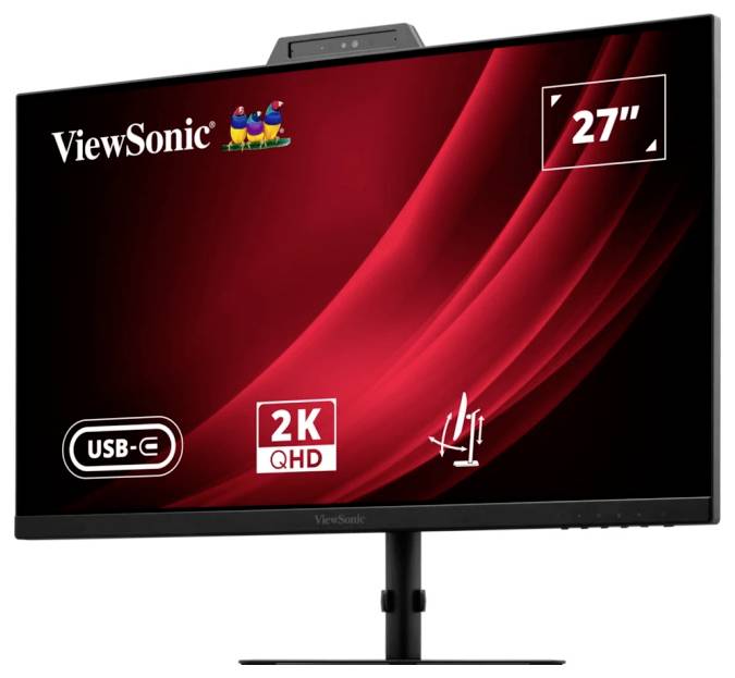 ViewSonic 27-Zoll-Monitor mit 2K QHD-Auflösung, USB-C-Konnektivität und rotem Wellenmuster auf dem Bildschirm.