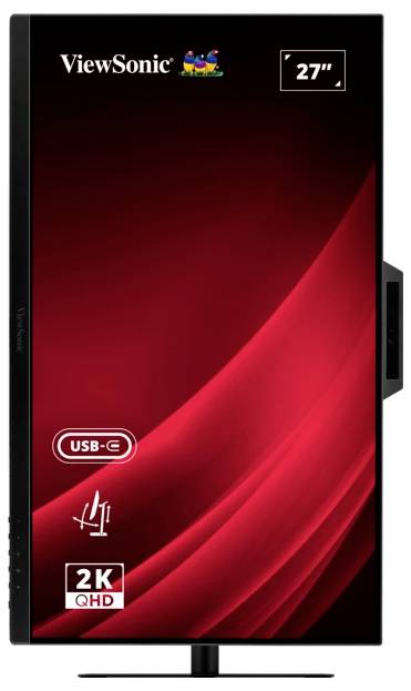 ViewSonic 27-Zoll-Monitor mit USB-C und 2K QHD-Auflösung, ausgestattet mit einer rot-schwarzen Anzeige.