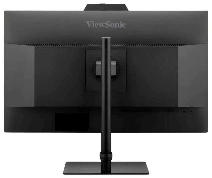 Eine Rückansicht eines ViewSonic-Monitors auf einem Ständer, der sein schlankes Design und seinen verstellbaren Halterungsmechanismus präsentiert.