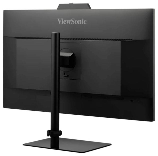 ViewSonic-Monitor in schwarzer Farbe mit verstellbarem Ständer, Rückansicht mit Anschlüssen und Belüftungsöffnungen.