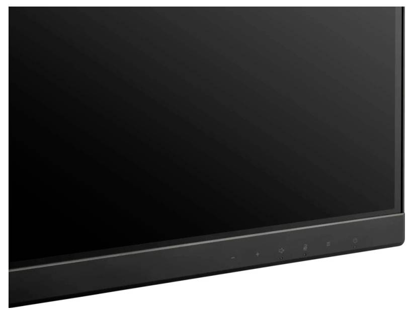 Eine Nahaufnahme eines schwarzen Flat-Screen-Monitors mit schmalem Rahmen, die den unteren rechten Eckbereich und einen Teil des Bildschirms zeigt.