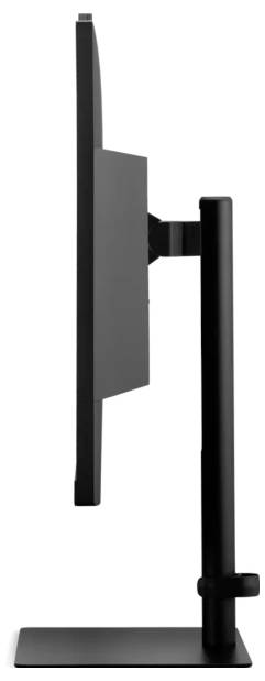 Seitenansicht eines dünnen, modernen Computermonitors auf einem Ständer, der seine schlanke Silhouette und minimalistisches Design hervorhebt.