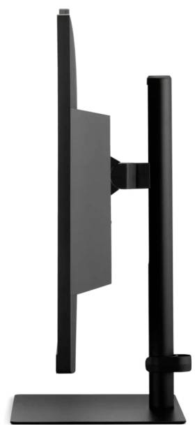 Seitenansicht eines schlanken, modernen Computermonitors auf einem schwarzen Ständer, der sein dünnes Profil und sein elegantes Design hervorhebt.