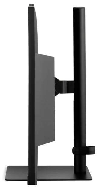 Seitenansicht eines dünnen schwarzen Computermonitors auf einem stabilen Ständer, der sein schlankes Design und seine moderne Ästhetik zur Geltung bringt.