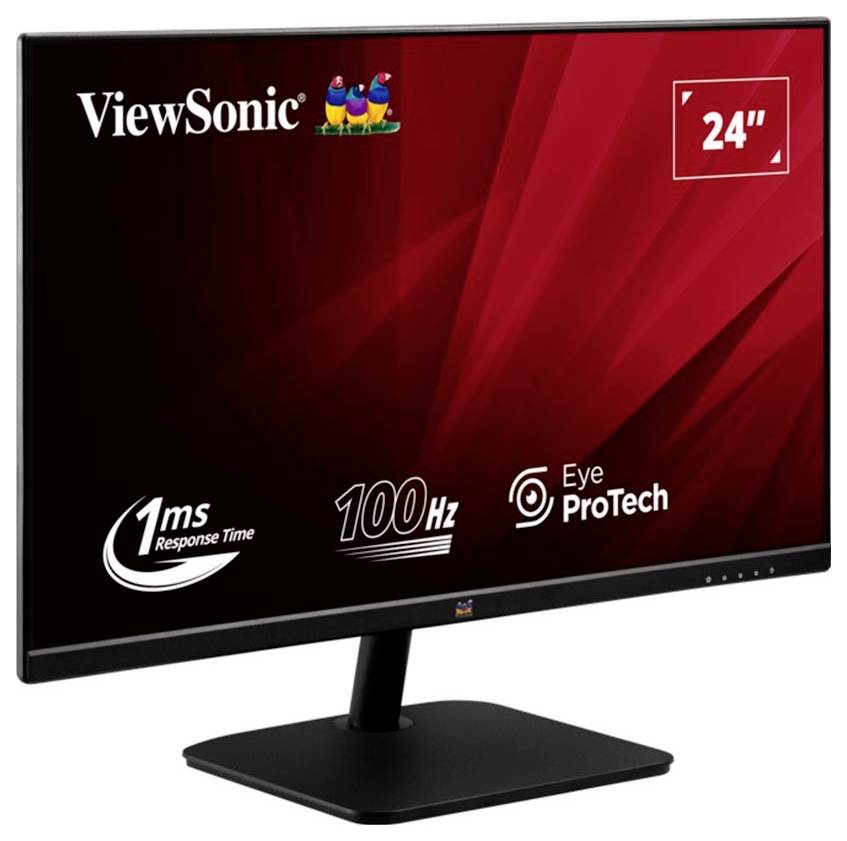 ViewSonic Computer-Monitor-Display mit einem 24-Zoll-Bildschirm, ausgestattet mit einer 1-ms-Reaktionszeit und einer 100-Hz-Bildwiederholrate, mit der Promotion von 'Eye ProTech'.
