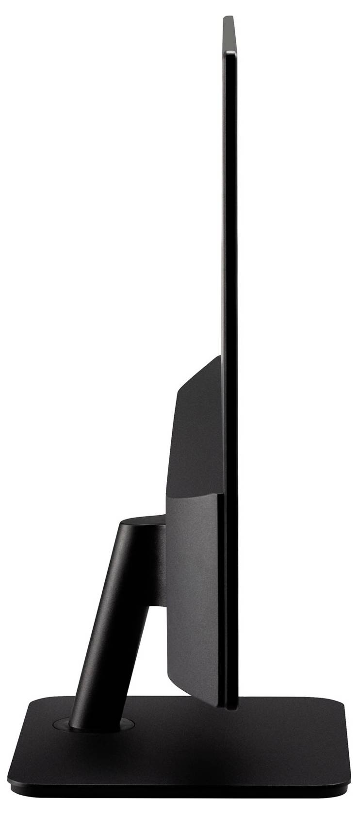 Ein schwarzer, ultraflacher Computermonitor, von der Seite betrachtet, der sein schlankes Profil und sein elegantes Design zeigt, auf einer rechteckigen Basis stehend.