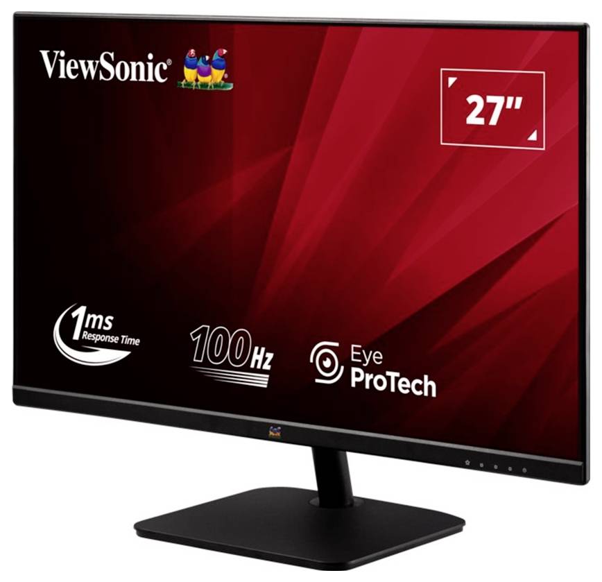 Ein schwarzer ViewSonic 27-Zoll-Monitor mit einem bunten Logo, ausgestattet mit einer Reaktionszeit von 1 ms, einer Bildwiederholrate von 100 Hz und Eye-ProTech-Technologie.