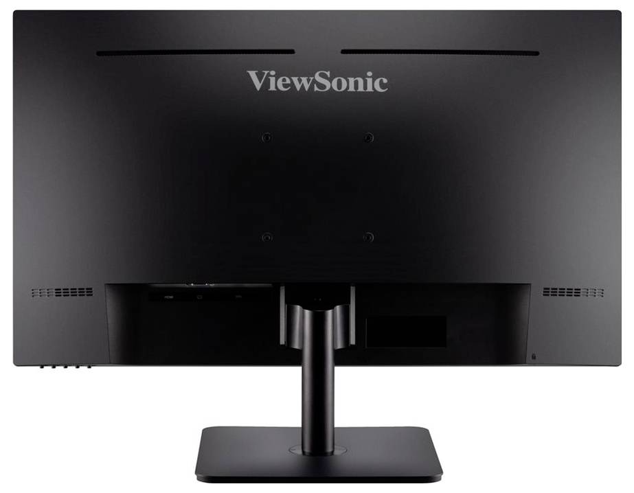 Rückansicht eines schwarzen ViewSonic-Computermonitors, der den Standfuß und die Lüftungsschlitze zeigt.
