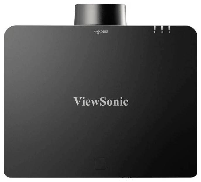 Ein schwarzer ViewSonic-Projektor, von oben betrachtet, der seinen eleganten rechteckigen Körper und die Linse an einer Seite zeigt.