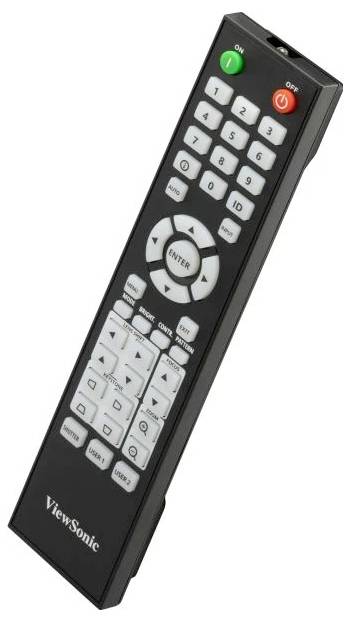 Eine schwarze ViewSonic-Fernbedienung mit mehreren Tasten, einschließlich farbiger Ein-/Aus-Schalter, Richtungspfeilen und einer 'Enter'-Taste in der Mitte.