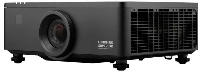 Ein schwarzer rechteckiger Projektor mit der Aufschrift 