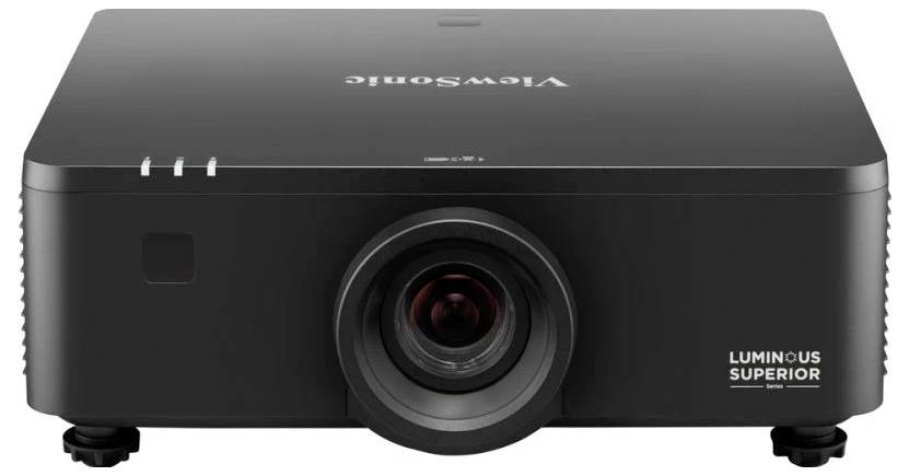 'ViewSonic Luminous Superior' Projektor, Frontansicht, mit zentrierter Linse und Logo oben.