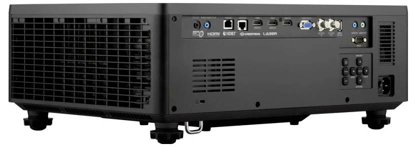 Ein schwarzer Projektor von hinten, der verschiedene Anschlüsse wie HDMI, Ethernet, USB und Bedienungstasten zeigt.