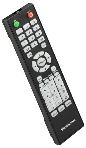 Eine schwarze ViewSonic-Fernbedienung mit weißen Tasten, die Funktionen für Ein/Aus, Navigation, ID-Einstellung und numerische Tastatureingabe bietet.