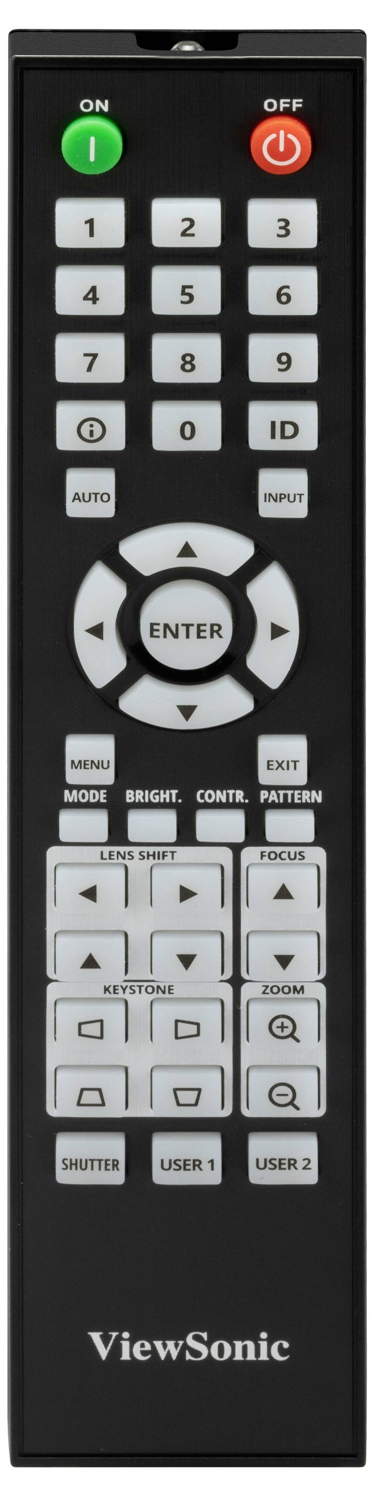 Fernbedienung von 'ViewSonic' mit Tasten für Ein/Aus, Zahlen, Menünavigation und Eingangseinstellungen.