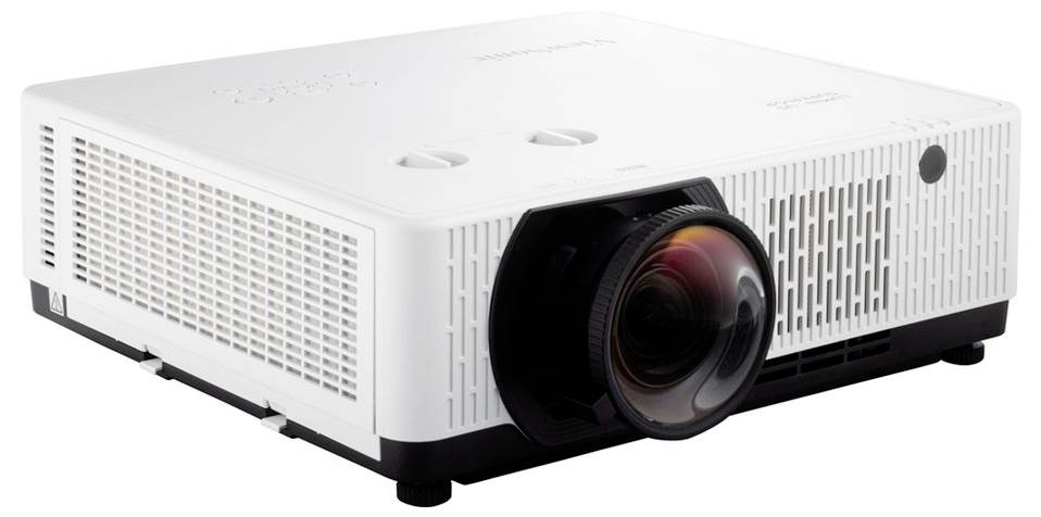 Ein weißer Multimediaprojector mit einer großen Linse, entwickelt für Präsentationen oder Heimkinozwecke.
