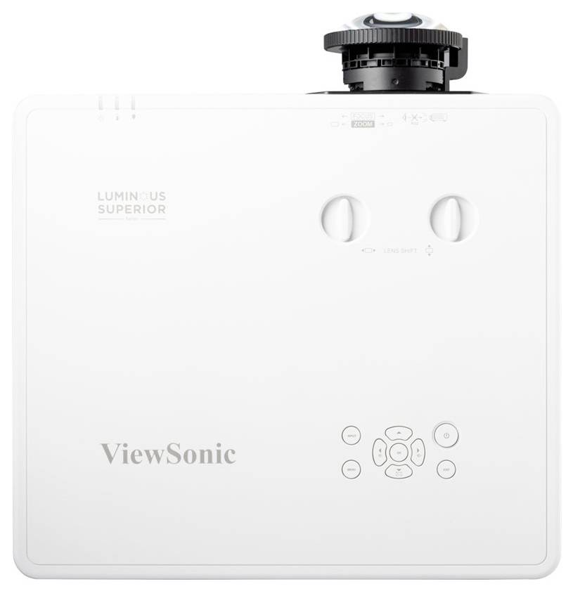 'ViewSonic' Projektor in Weiß mit verschiedenen Steuerungstasten oben, gekennzeichnet mit 'Luminous Superior', für Deckenmontage konzipiert.