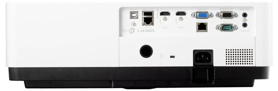 Rückansicht eines Projektors mit verschiedenen Anschlüssen für Konnektivität, einschließlich HDMI, USB, Ethernet, VGA und Stromanschluss.