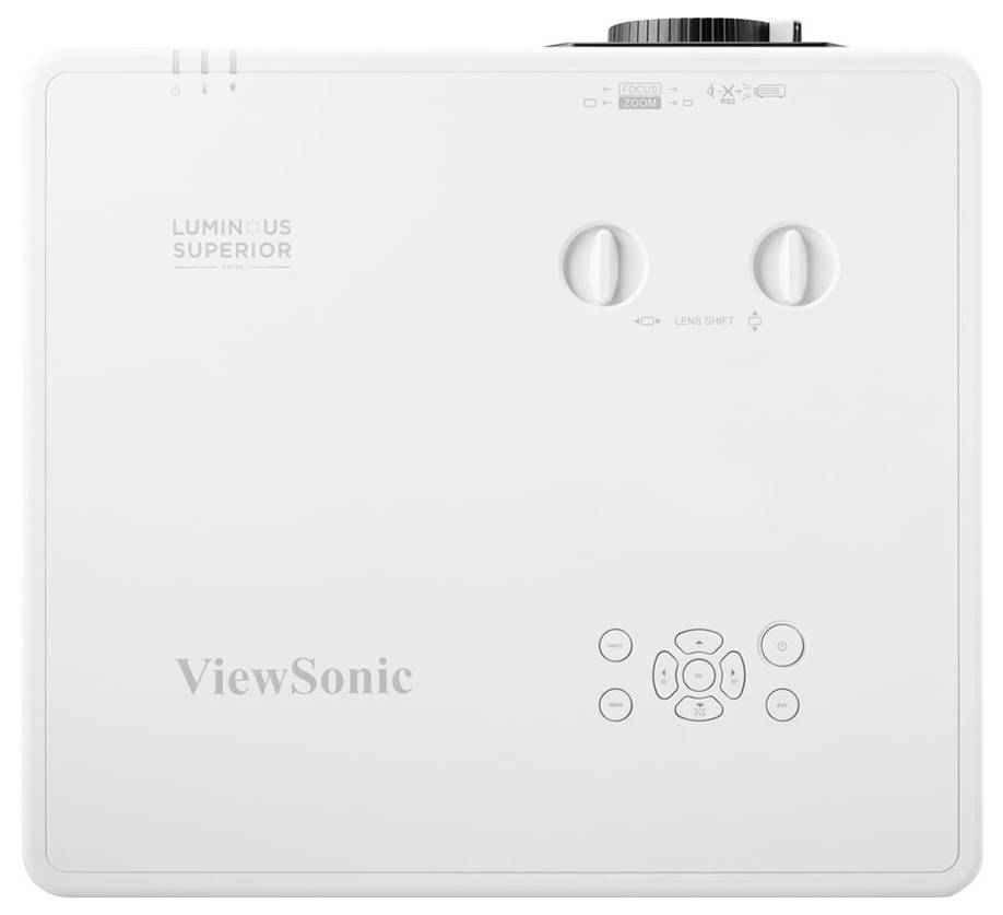 ViewSonic-Projektor mit Bedienfeld und Objektiveinstellungsreglern auf der Oberseite.