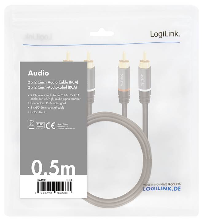 LogiLink CA1201 Cinch Audio Anschlusskabel 0.5m Schwarz Geschirmt, Farbcodiert