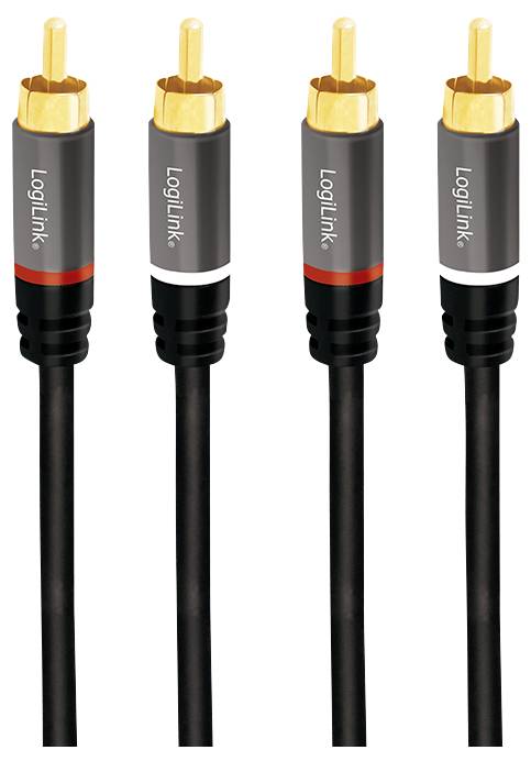 Vier schwarze Audiokabel mit vergoldeten RCA-Steckern, beschriftet mit 'LogiLink'.