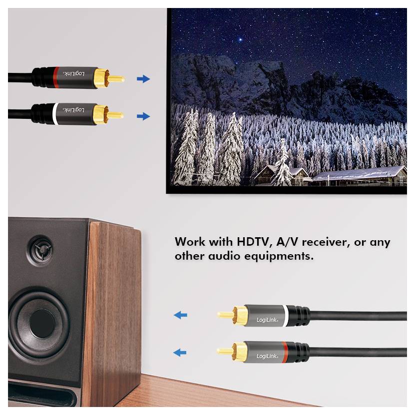 Kabel mit der Aufschrift 'LogiLink' und goldenen Anschlüssen werden neben einem HDTV gezeigt, das eine verschneite Waldlandschaft darstellt. Der Text lautet: 'Funktioniert mit HDTV, A/V-Receiver oder anderen Audiogeräten.'