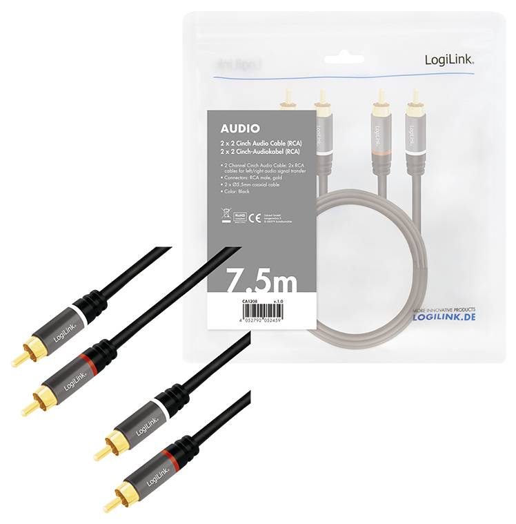 LogiLink CA1208 Cinch Audio Anschlusskabel 7.5m Schwarz Geschirmt, Farbcodiert