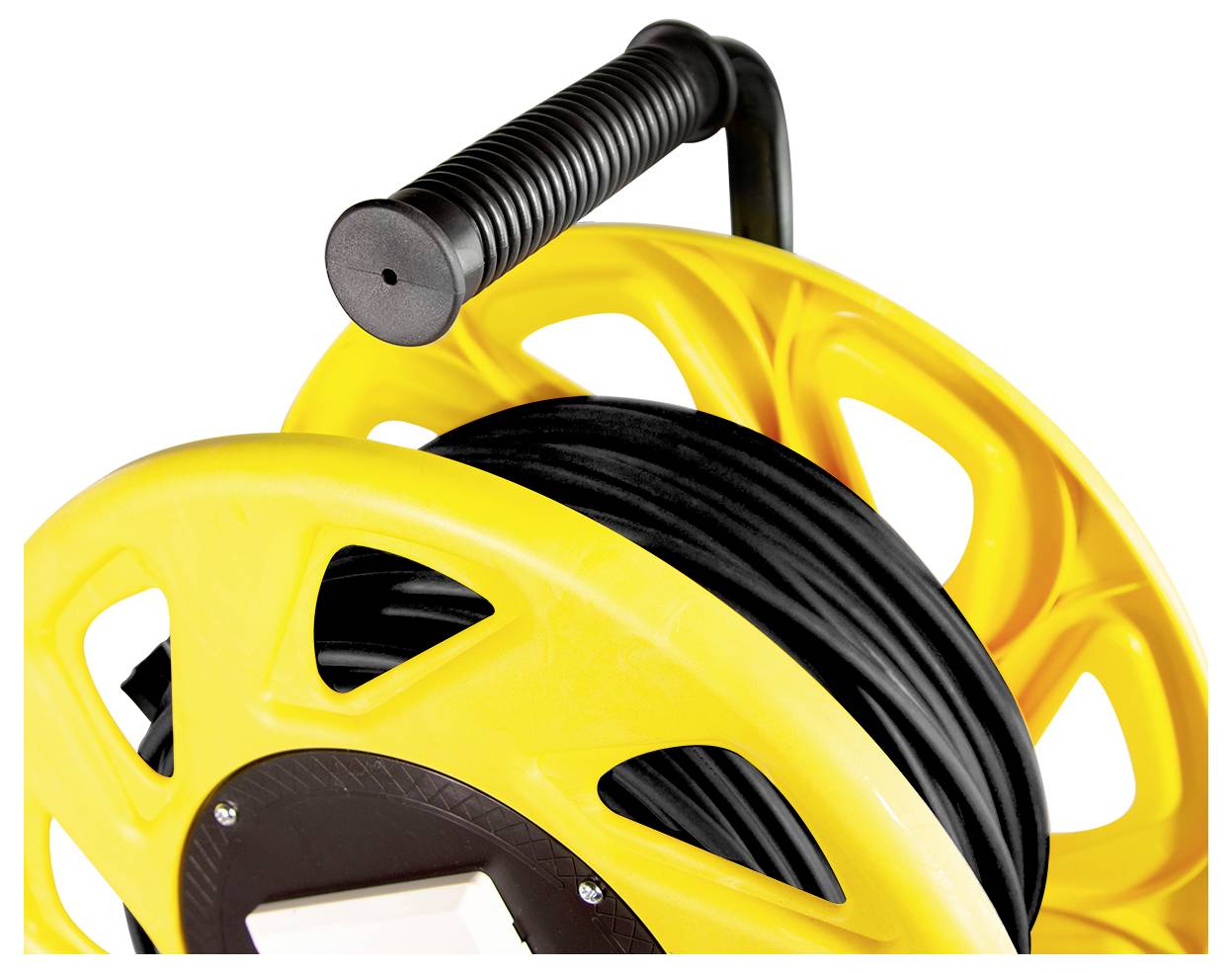 Eine gelbe Rolle mit einem schwarzen Griff, die schwarzes Kabel aufgewickelt hält und für einfache Kabel-Lagerung und -Transport konzipiert ist.