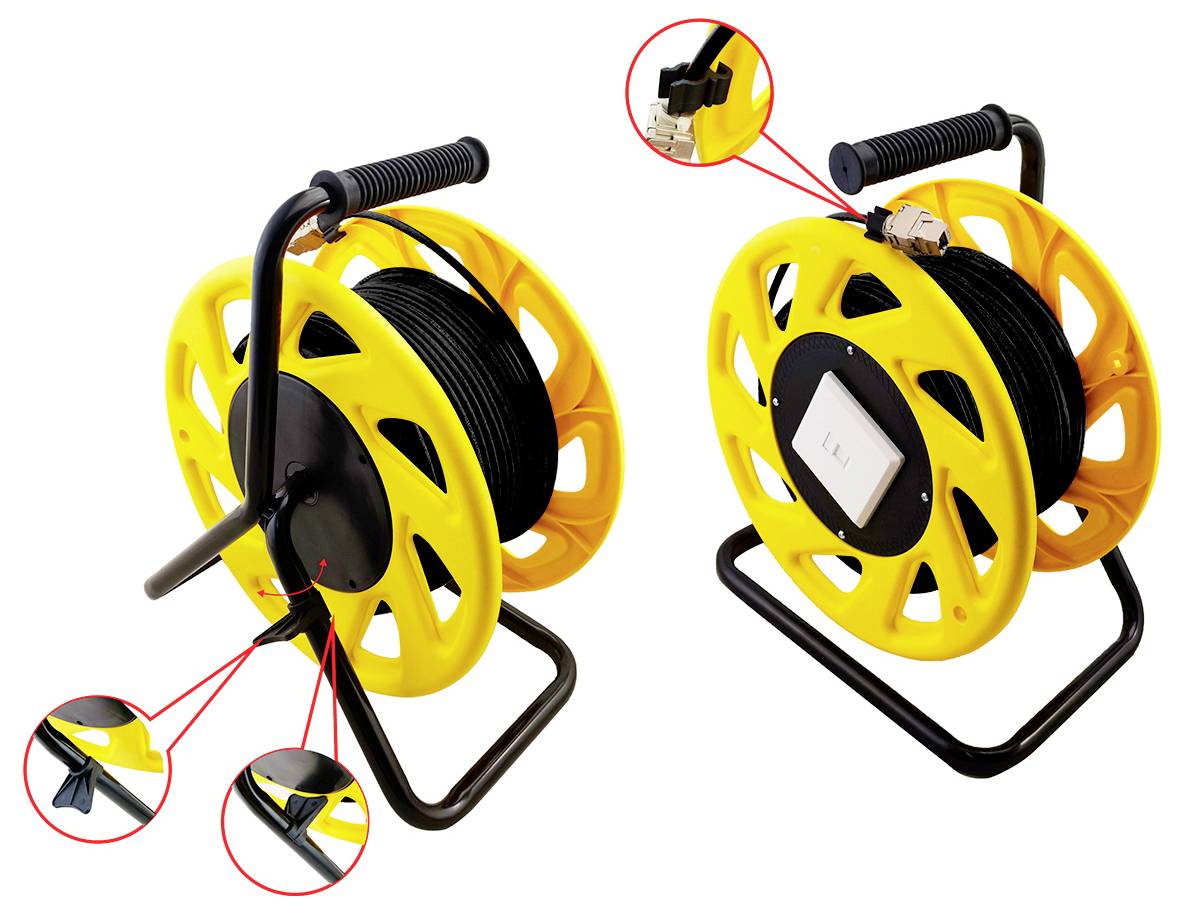 Zwei gelbe Kabeltrommeln mit Griffen, wobei Details der Stecker in vergrößerten Ausschnitten gezeigt werden. Eine Trommel hat eine geschlossene Buchse, die andere wird von der Seite dargestellt.