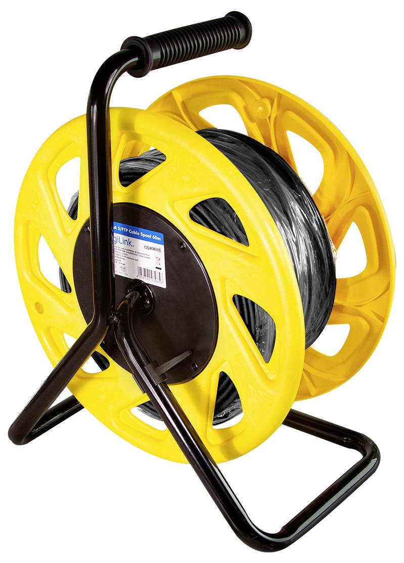 Ein gelbes Kabeltrommels mit einem Metallrahmen und Griff, das schwarze Kabelspule trägt, zum Aufbewahren oder Transportieren von elektrischen Kabeln.