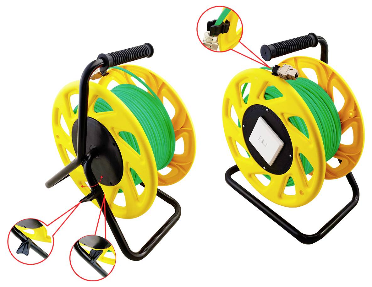 Zwei gelbe Kabeltrommel mit grünen Kabeln, schwarzen Griffen und einem Metallständer. Detailaufnahmen zeigen eine Steckdose und einen Stecker auf jeder Trommel.