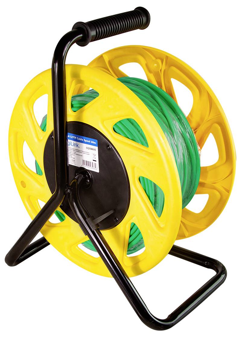 Eine gelbe Kabeltrommel mit schwarzem Rahmen enthält eine aufgewickelte grüne Kabel, versehen mit einem schwarzen Griff für einfaches Tragen und Bewegen.