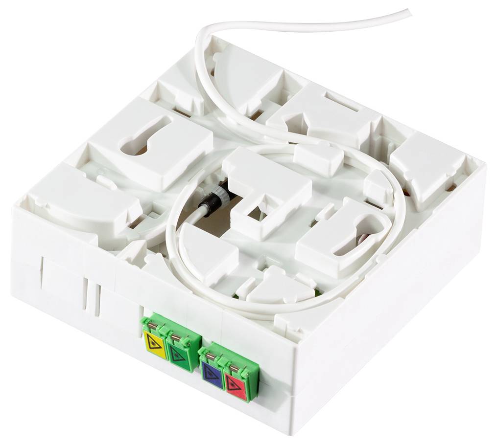 Eine weiße optische Faserklemmenbox mit einer geschlungenen Glasfaserkabel und drei farbigen Anschlüssen zum Anschluss von Glasfaserkabeln.