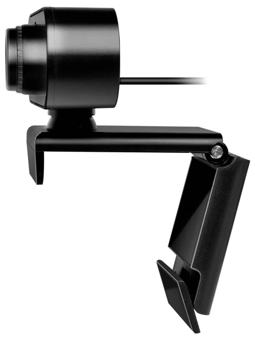 Eine schwarze Webcam mit einem kreisförmigen Objektiv ist auf einem verstellbaren Ständer montiert, der zum Anbringen an einem Monitor oder einer Oberfläche konzipiert ist.