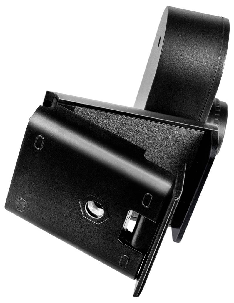 Eine schwarze Wandhalterung für eine Kamera, aus einem Winkel betrachtet, mit Hervorhebung der Montagebohrung und verstellbaren Gelenken.