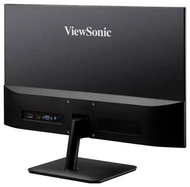 Rückansicht eines ViewSonic LCD-Monitors mit Eingangsbuchsen wie HDMI und VGA, mit einem angeschlossenen schwarzen Ständer.