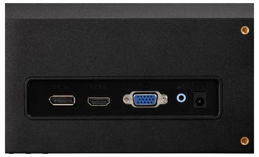 Rückseite eines Geräts mit Anschlüssen: USB, HDMI, VGA, Audioeingang und Stromversorgung.