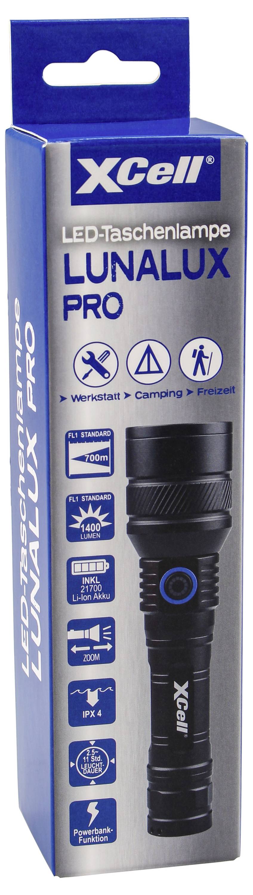 'Xcell' LED-Taschenlampe - Verpackung hebt Hauptmerkmale hervor: wasserdicht, 400 Lumen, Laufzeit bis zu 25 Stunden. Geeignet für Arbeit, Camping.