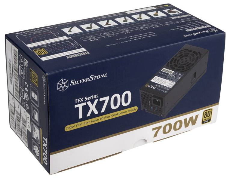 SilverStone TX700 TFX-Serie 700W Netzteil mit 80 Plus Gold-Zertifizierung, zeigt Produktabbildung und technische Merkmale.
