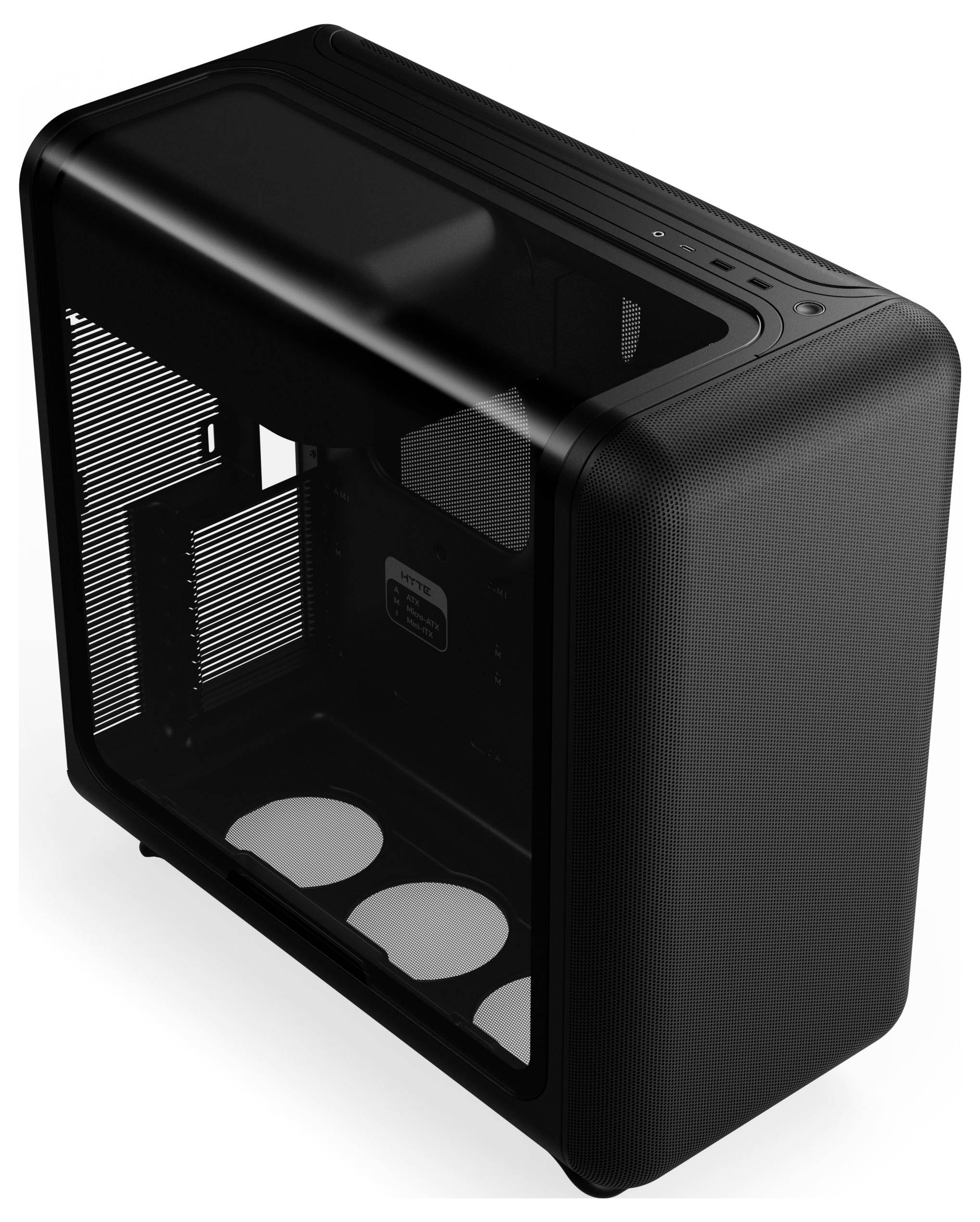 Ein elegantes, modernes Computergehäuse mit transparentem Seitenpaneel, das interne Fachbereiche für Komponenten zeigt, und Lüftungsöffnungen für Luftzirkulation.