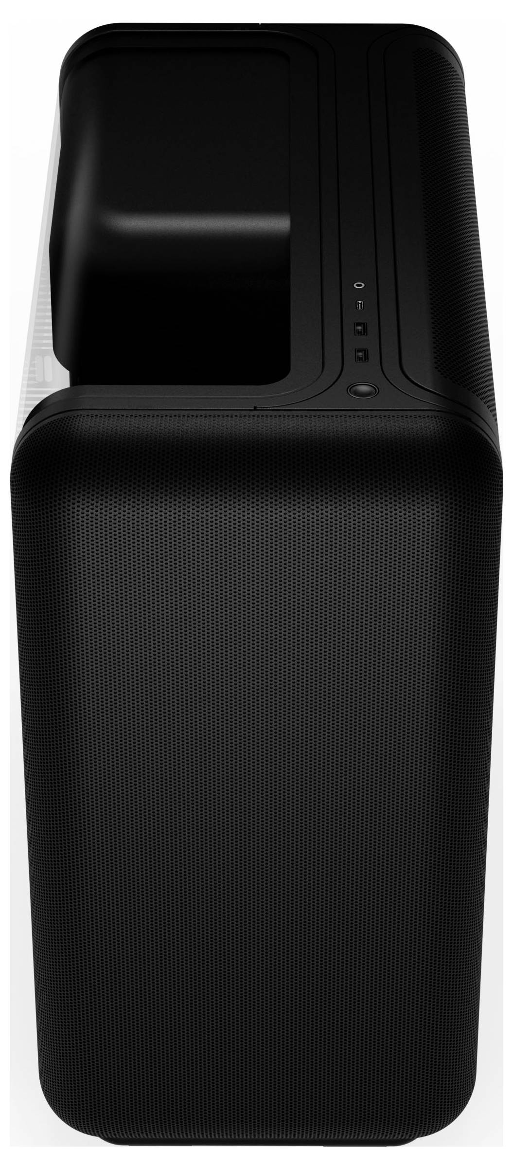 Ein schlankes, modernes, schwarzes Computer-Gehäuse mit strukturierter Frontplatte und Anschlüssen an der Oberseite, aus einem hohen Winkel betrachtet.