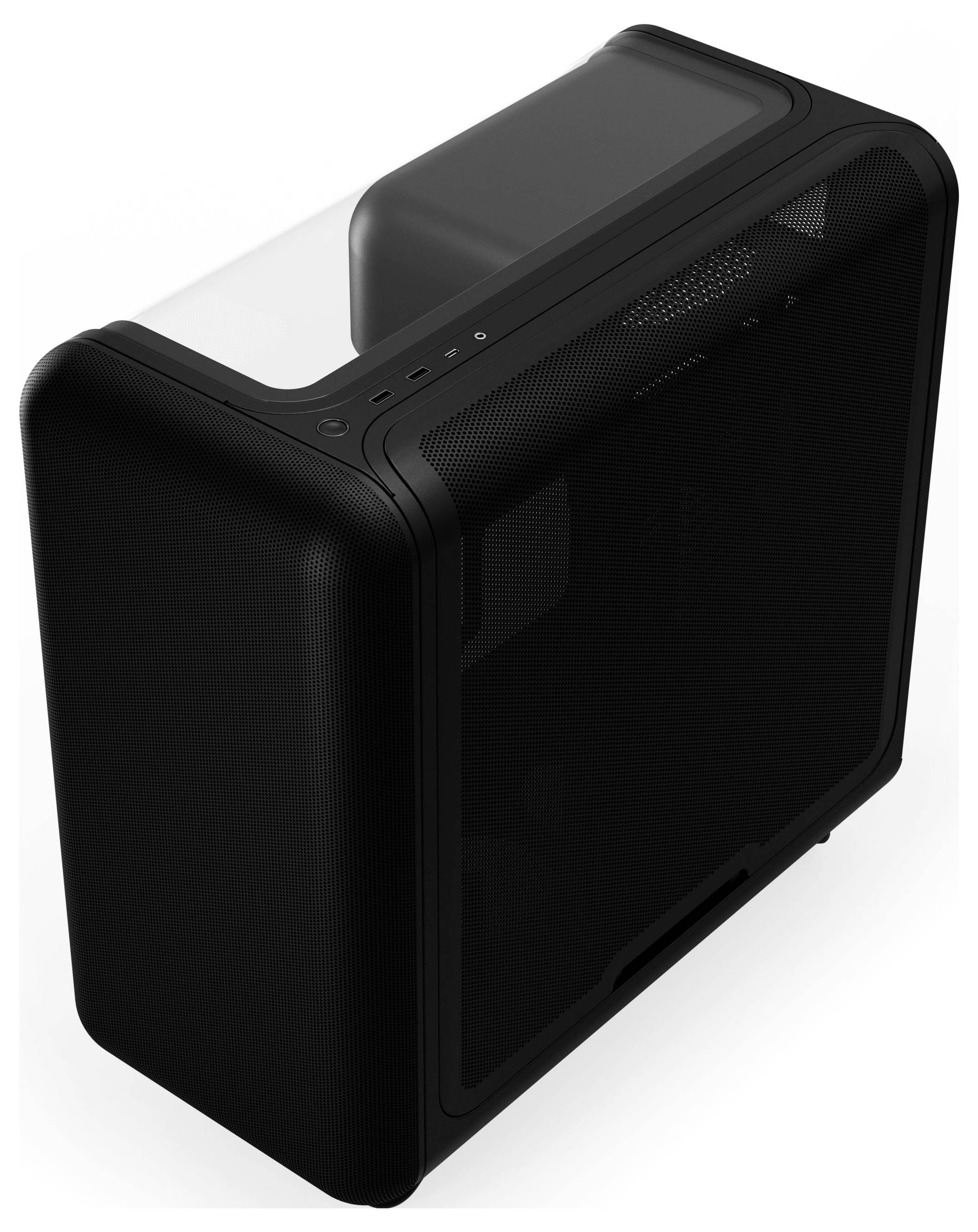 Ein elegantes schwarzes Computergehäuse mit abgerundeten Kanten und einem transparenten Seitenpanel.