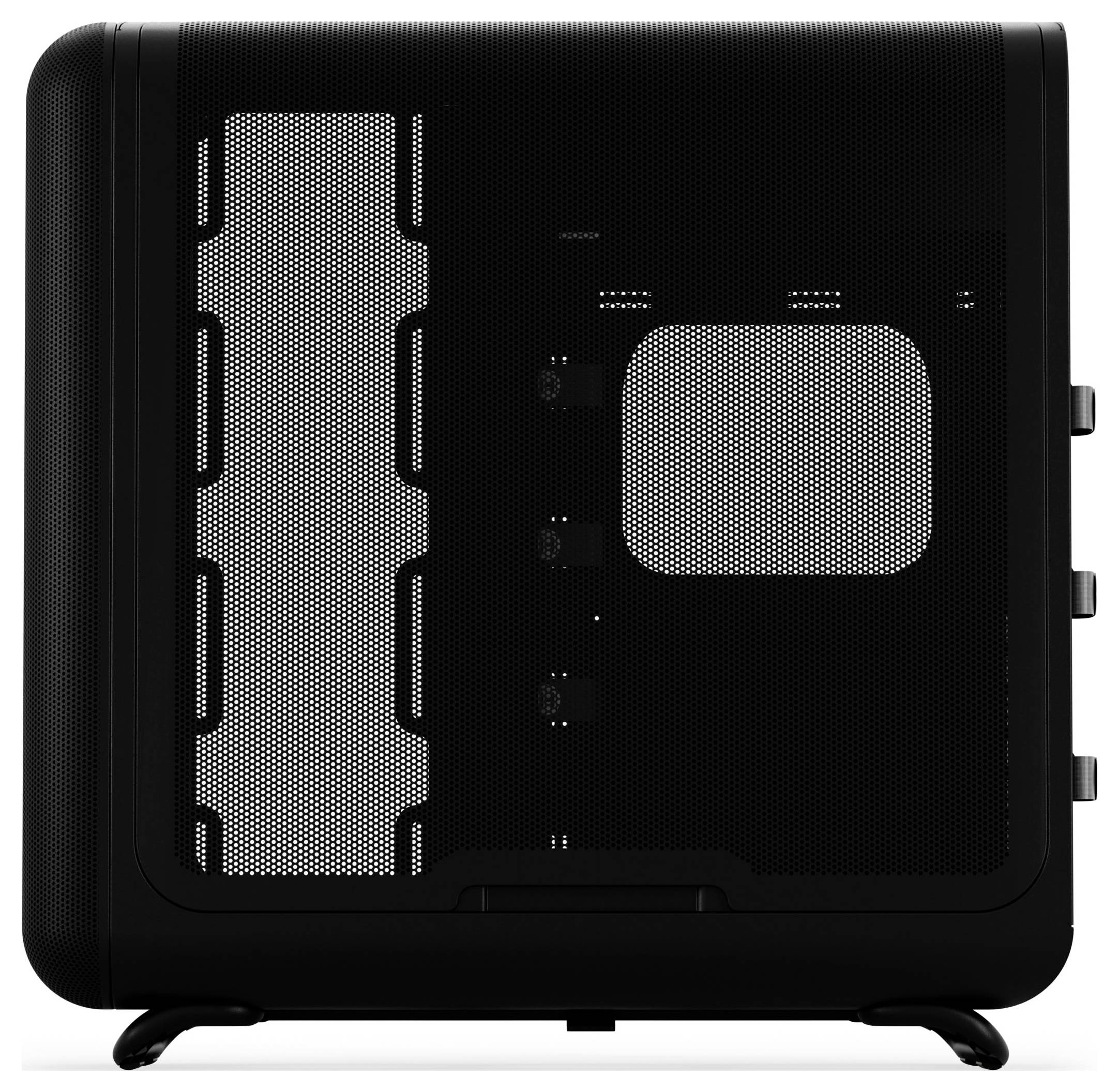 Ein elegantes, schwarzes Computergehäuse mit prominentem Mesh-Seitenpaneel, das Luftzirkulation ermöglicht und interne Komponenten zur Schau stellt; steht auf zwei kleinen Füßen.